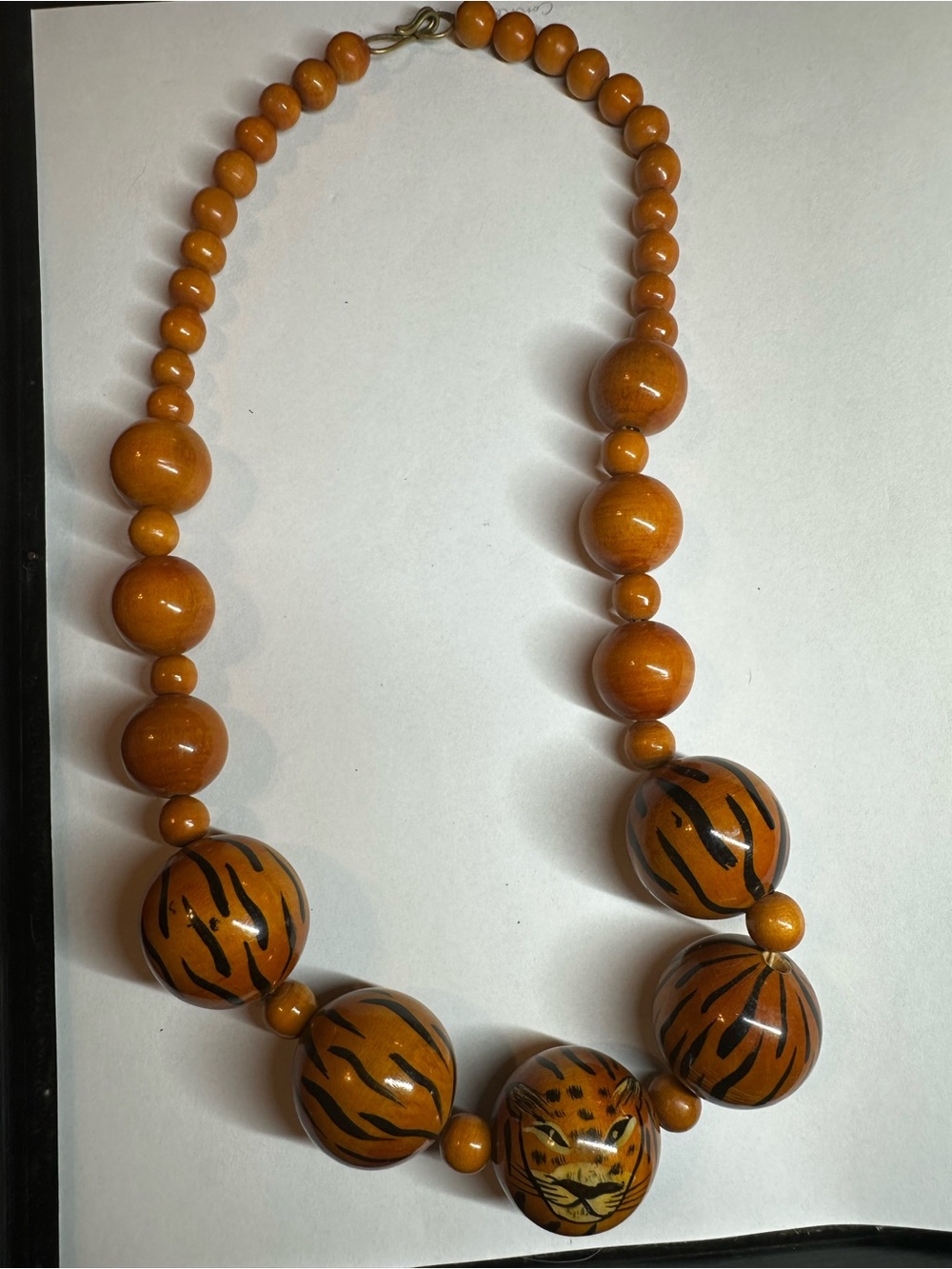Vintage Hand Painted Wood Bead Tiger Statement Necklace Leopard Face Brass Clasp